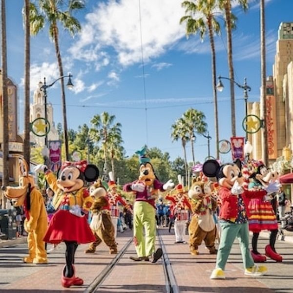 Disney holiday character cavalcade in Disney California Adventure.