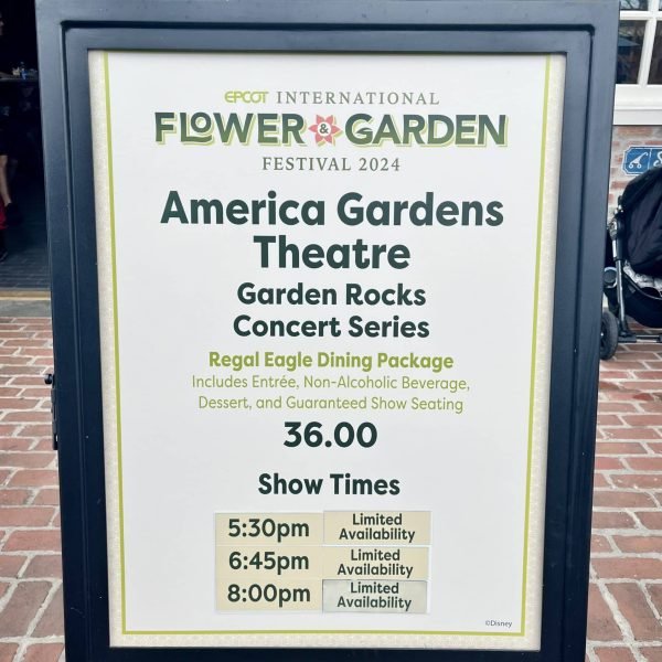 The Regal Eagle Dining Package Sign for the 2024 Garden Rocks Concert Series showcasing concert times and availability