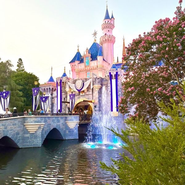 Sleeping Beauty's Castle at Sunset at Disneyland in California.