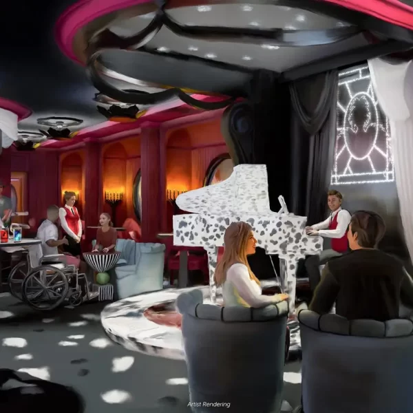 Artist Rendering by Disney of the new De Vil's Piano Bar onboard the Disney Destiny with black and white themed decor and a Dalmation inspired piano in the center