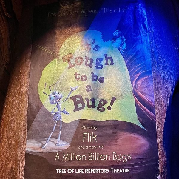 'It's Tough To Be A Bug' poster found inside the Tree of Life with just a spotlight illuminating Flik with the show title etched on a massive green leaf.