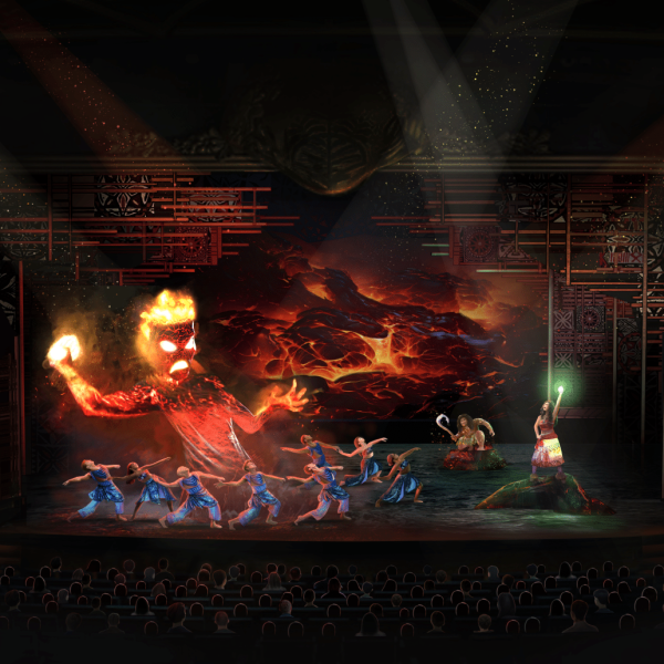 The scene depicts Moana as she takes her final stand against Te Kā, the fiery lava-wielding foe who will appear on stage as an incredible fifteen-foot-tall puppet.